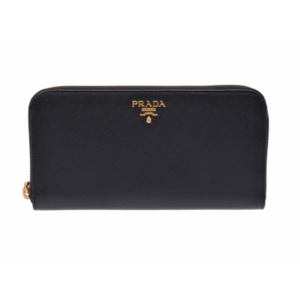 Prada Round Zip Long Wallet Saffiano Leather Black Card